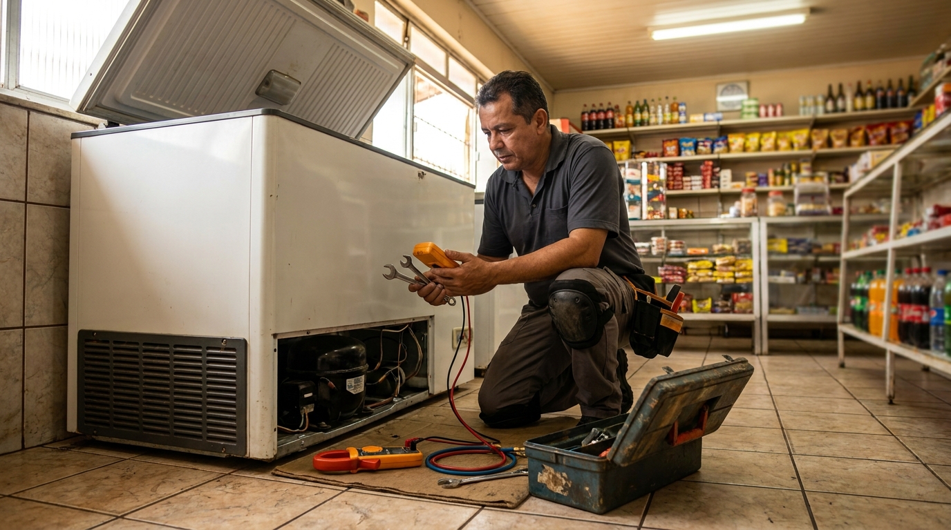 Profissional executando manutenção no motor de freezer em Aparecida de Goiânia‑GO