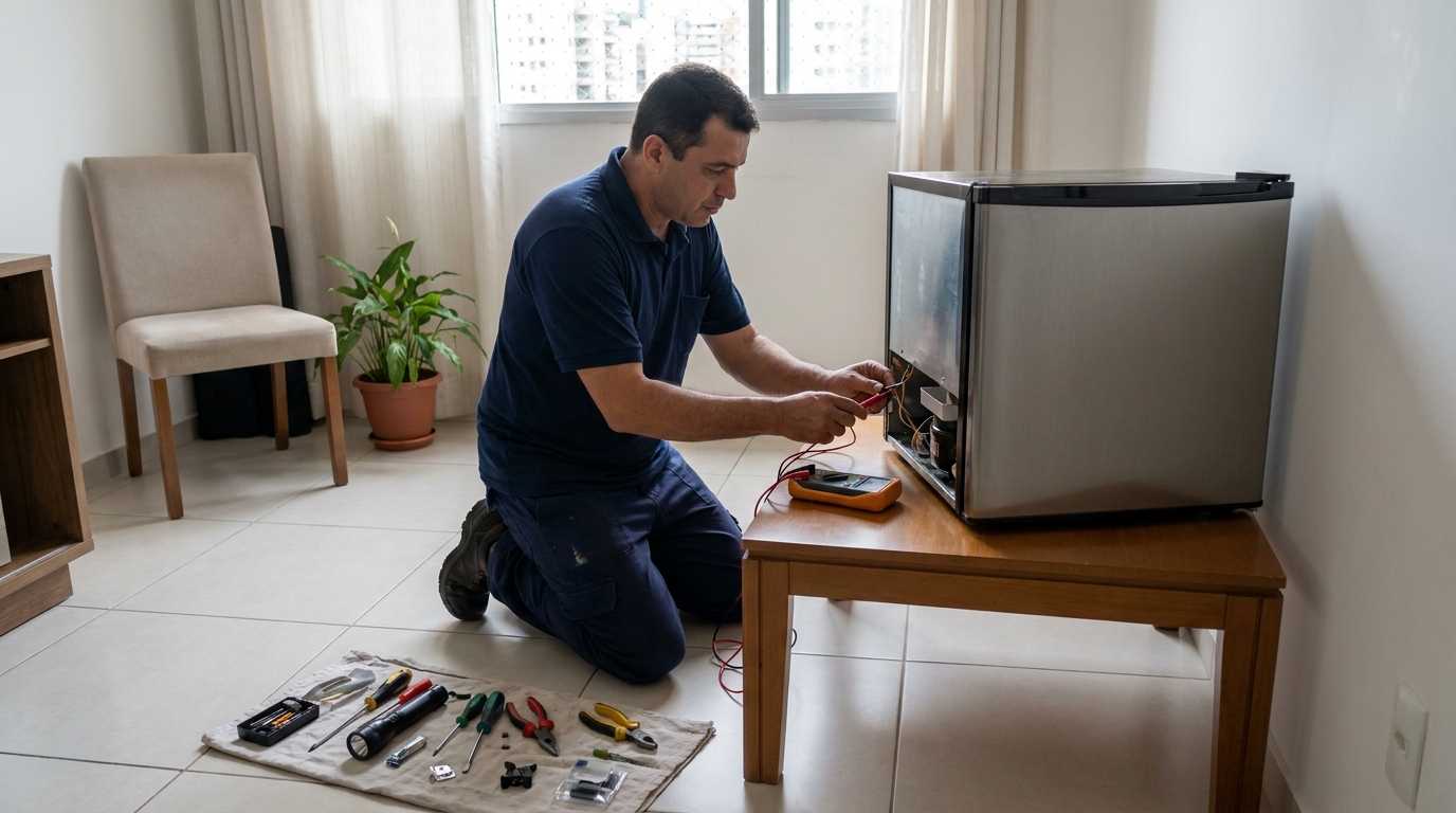 Técnico fazendo manutenção do motor de frigobar em Aparecida de Goiânia‑GO